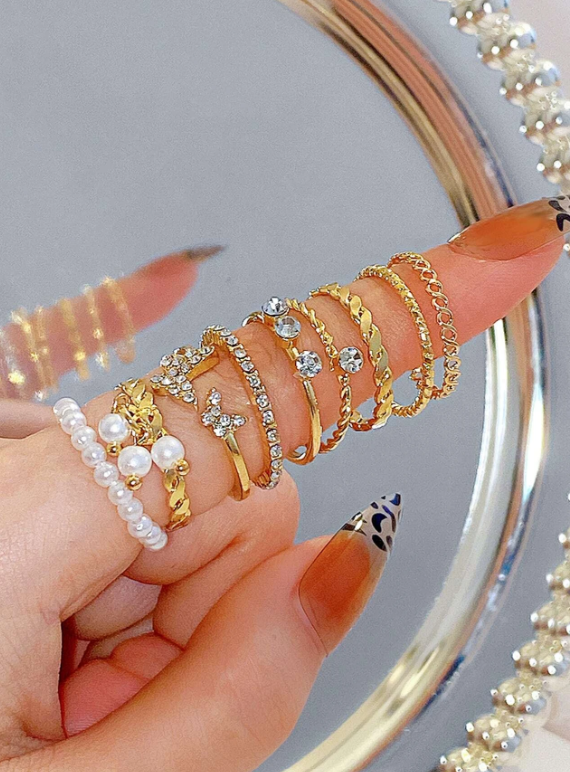 9pcs Rhinestone & Faux Pearl Decor Ring