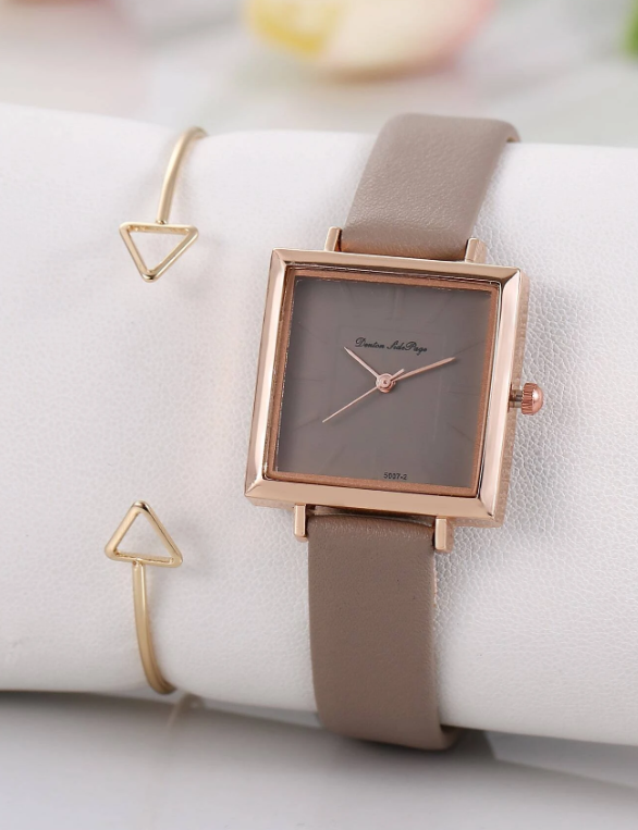 1pc Square Pointer Quartz Watch & 1pc Bracelet