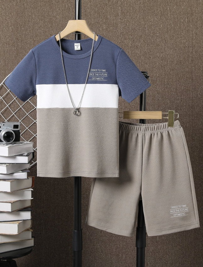 Boys Colorblock Slogan Graphic Tee & Shorts Without Necklace