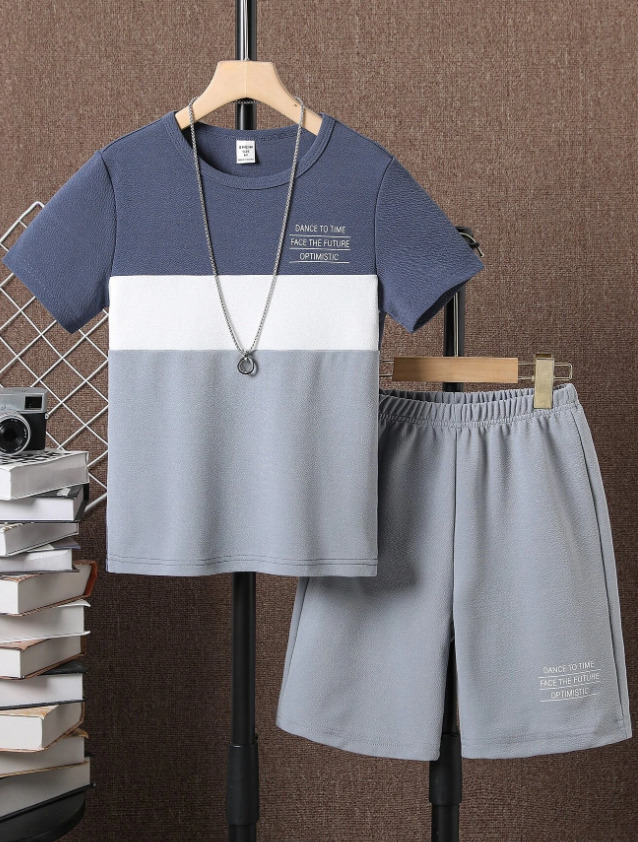 Boys Colorblock Slogan Graphic Tee & Shorts Without Necklace