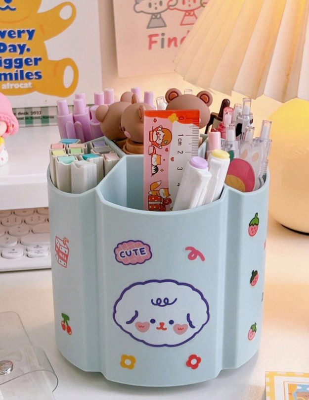 1pc Cartoon Graphic Pen Holder, Simple Multi-grid Rotatable Large Capacity Desktop Stationery Storage Box For Office, Student Stationery Storage