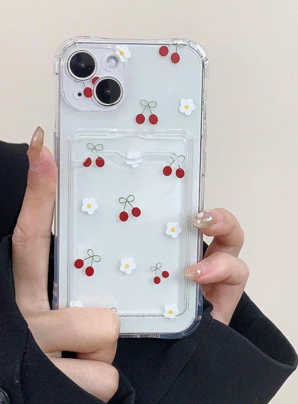 Cherry Print Clear Phone Case With Card Slot