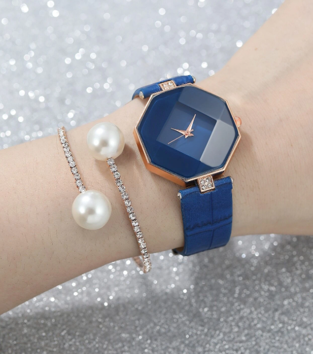 1pc Rhinestone Decor Polygon Pointer Quartz Watch & 1pc Bracelet
