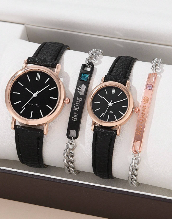 2pcs Couple Round Pointer Quartz Watch & 2pcs Letter Graphic Chain Bracelet