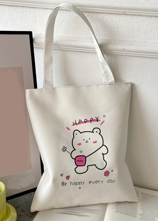 Cartoon & Letter Graphic Canvas Shopper Bag