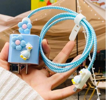 5pcs Flower & Duck Decor Data Cable Protector & Charging Head Cover Set