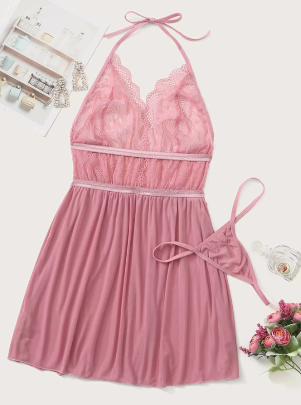 Contrast Lace Mesh Halter Slips With Thong