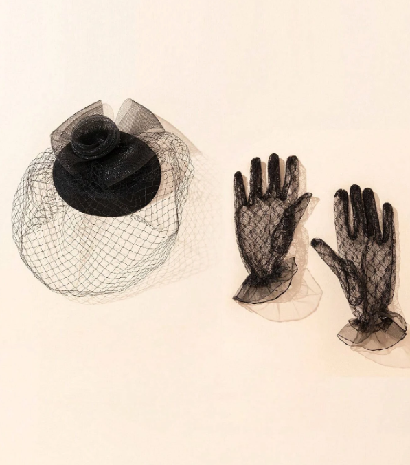 1pc Women Mesh Flower Decor Elegant Hat & 1pair Full Finger Gloves For Party