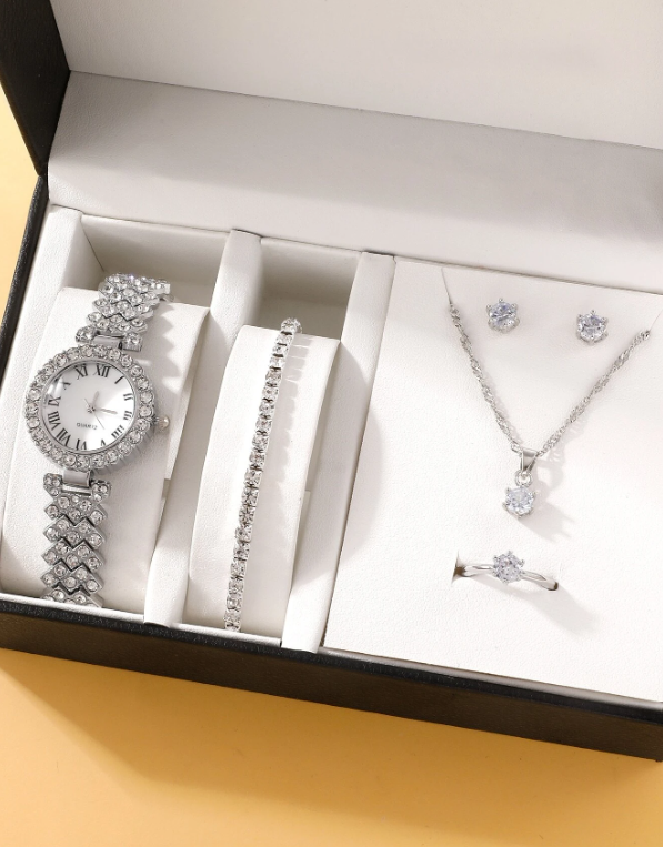 1pc Rhinestone Decor Quartz Watch & 5pcs Jewelry Set