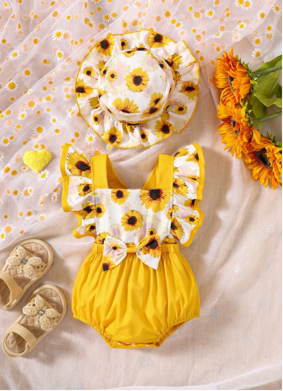 Baby Sunflower Print Ruffle Trim Bodysuit