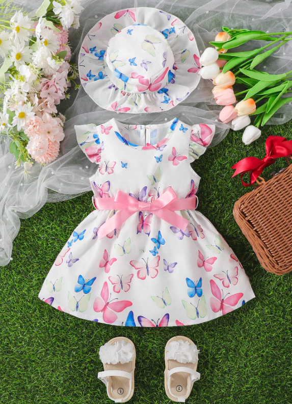 Baby Butterfly Print Ruffle Trim Dress With Hat