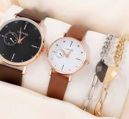 2 قطع زوج بني بولي يوريثين PU حزام كاجوال مستدير ساعة كوارتز دائري و 2 قطع الى الحياة اليومية