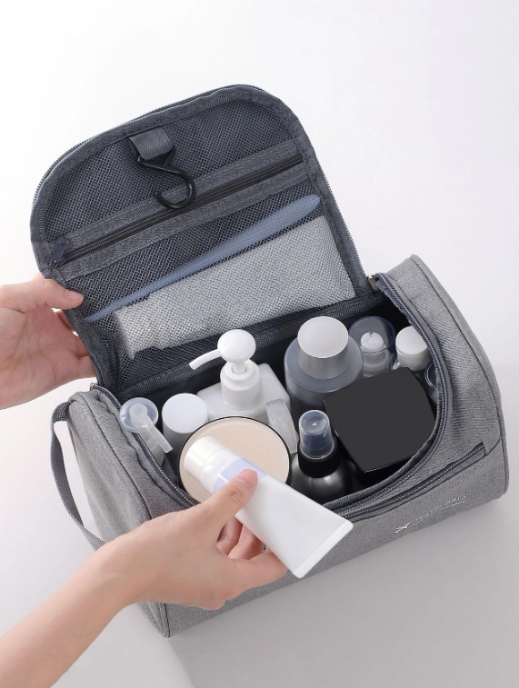 1pc Multifunction Cosmetic Bag With Hanging Hook Gray Simple Fashion Large Capacity Travel Storage Makeup Bag For Women Girls