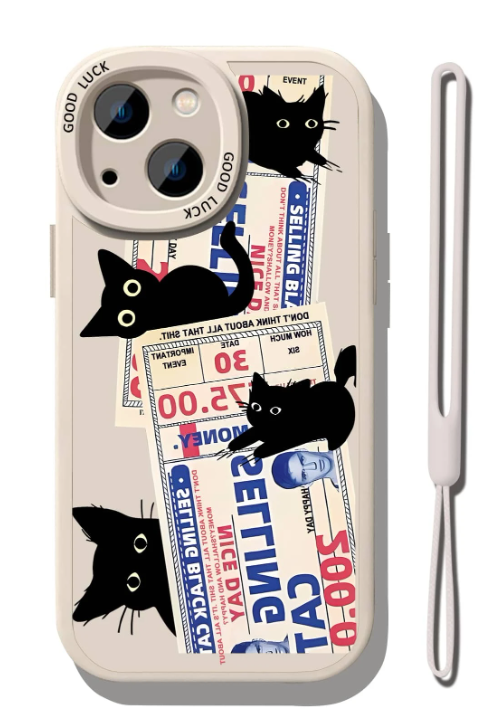 Cartoon Cat Print Phone Case With Lanyard