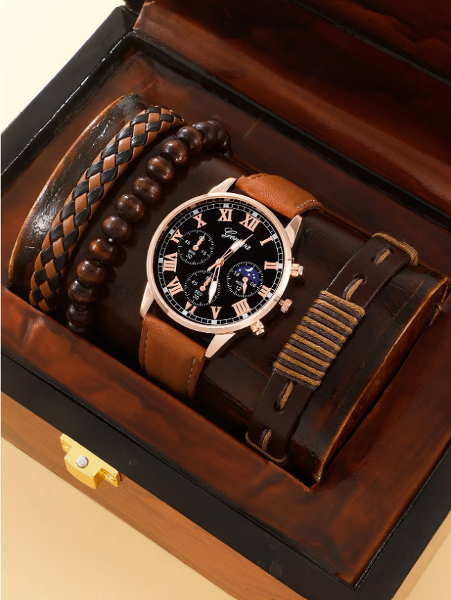 1pc Men Round Pointer Quartz Watch & 3pcs Bracelet
