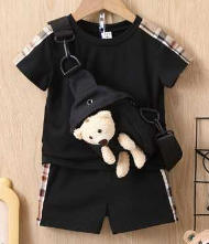 Baby Contrast Plaid Tape Tee & Shorts & Bag