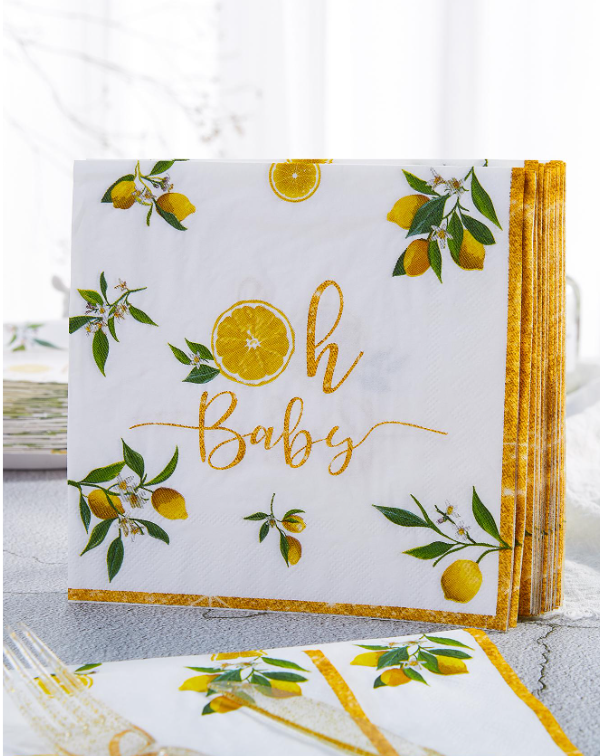 25pcs Lemon Pattern Disposable Napkin, Modern Fruit & Letter Graphic Paper Dinner Napkin For Dinner Table