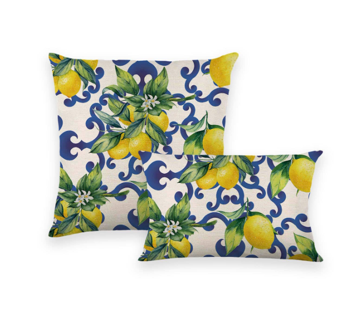 1pc Fabric Cushion Cover, Modernist Lemon & Scroll Pattern Waterproof Decorative Throw Pillow Case Without Filler For Outdoor