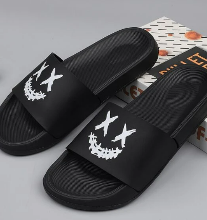 Cool Black Slide Shoes For Men, Cartoon Pattern Single Band EVA Slippers