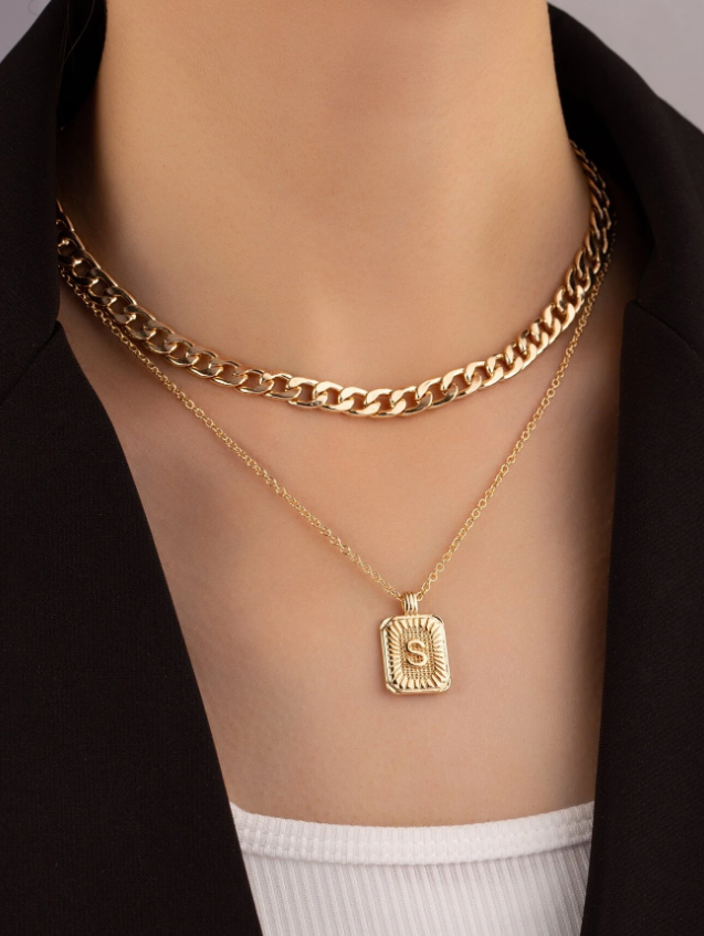 Letter Detail Square Charm Layered Necklace