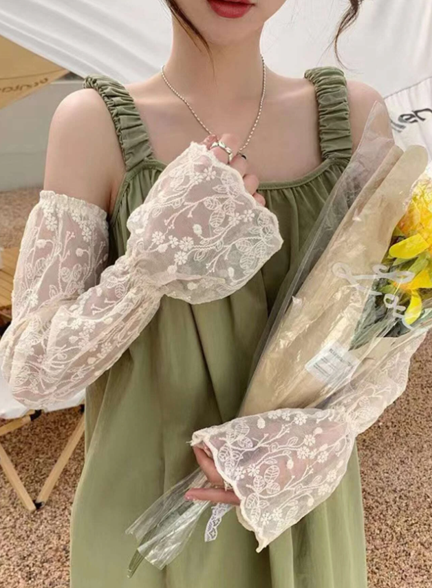 1pair Women Floral Embroidered Ruffle Trim Sun Protection Arm Sleeves For Outdoor