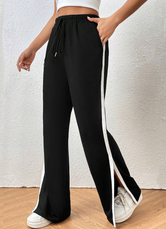 Contrast Side Seam Split Hem Tie Waist Sweatpants