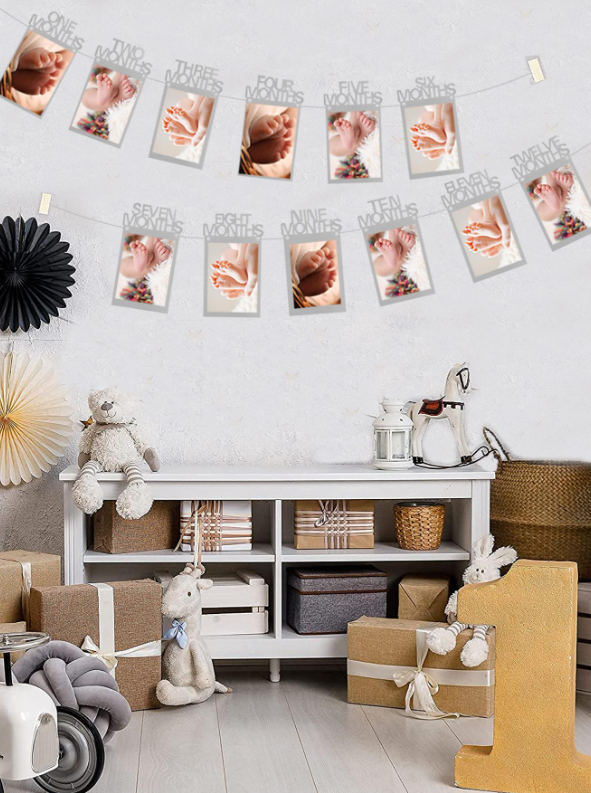 1set 12 Months Kid 1st Birthday Party Photo Banner, Silver Paper Hanging Banner For Birthday Party