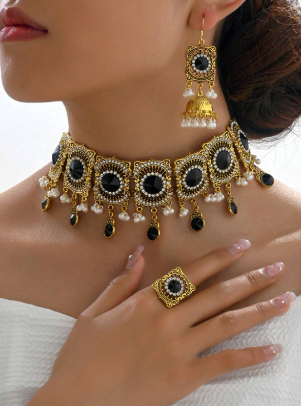 4pcs/set Fashionable Zinc Alloy Rhinestone & Faux Pearl Tassel Decor Jewelry Set For Women For Party