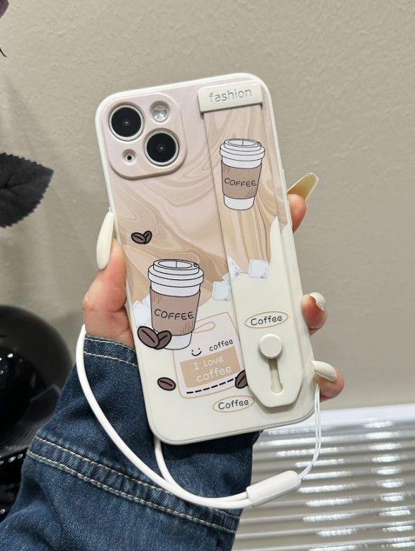 1pc Coffee Cup Pattern Phone Case With Lanyard
