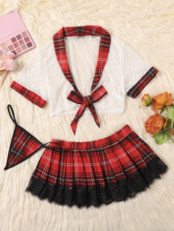 3pack Tartan Heart Mesh Knot School Costume Set