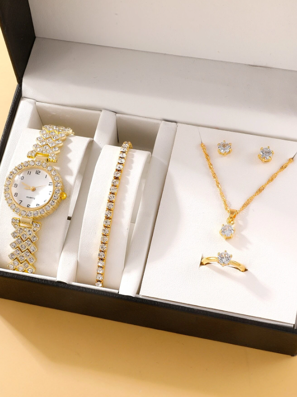 1pc Rhinestone Decor Quartz Watch & 5pcs Jewelry Set