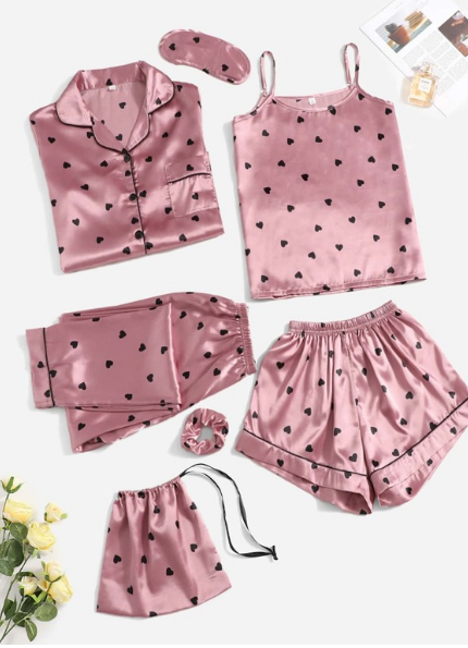7pcs Heart Print Contrast Binding Satin PJ Set