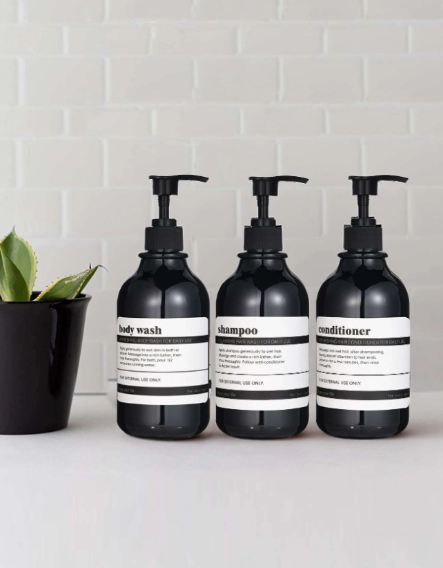 3pcs 500ml PET Lotion Dispenser & 8pcs Sticker, Minimalist Black Lotion Bottle For Bathroom
