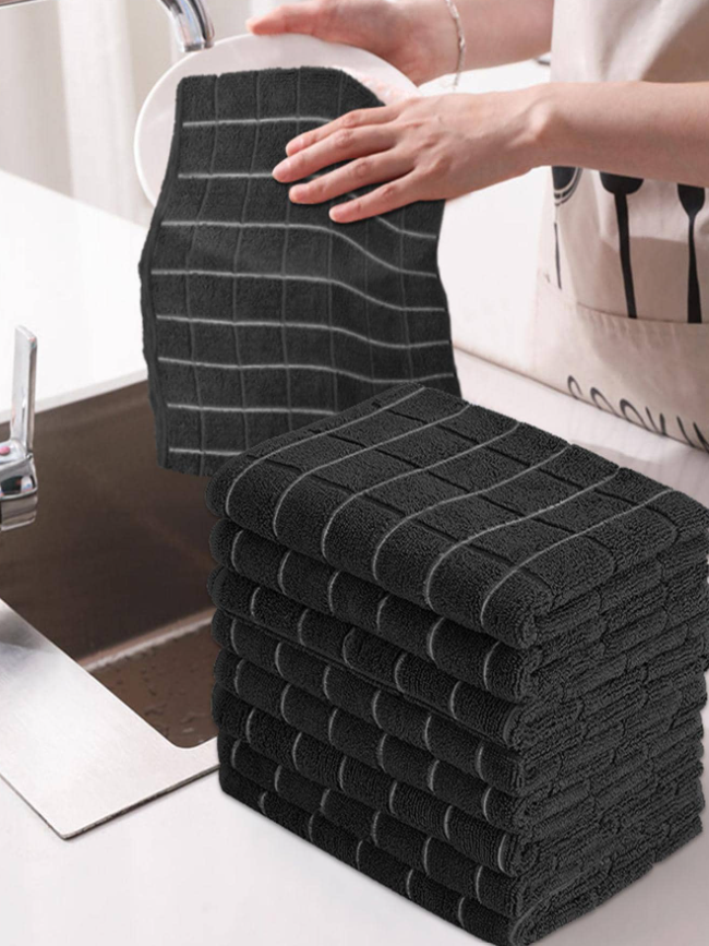 5pcs Plaid Pattern Cleaning Rag, Black Polyester Durable Absorbent Dish Cleaning Rag For Kitchen