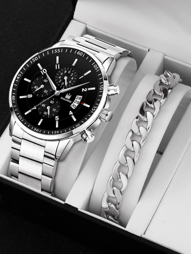 1pc Men Round Pointer Date Quartz Watch & 1pc Bracelet