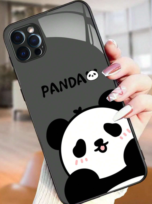 Cartoon Panda Pattern Tempered Glass Phone Case