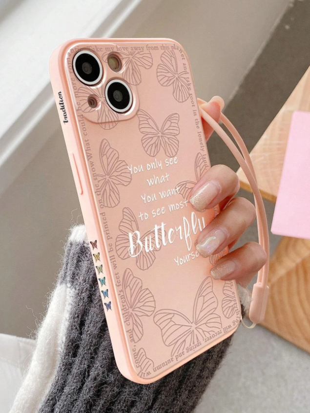 Butterfly & Letter Graphic Phone Case With Lanyard