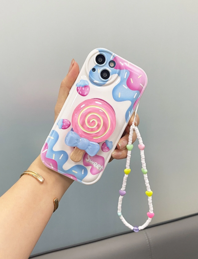 Cartoon Graphic Phone Case With Lollipop Design Stand-Out Phone Grip & Lanyard