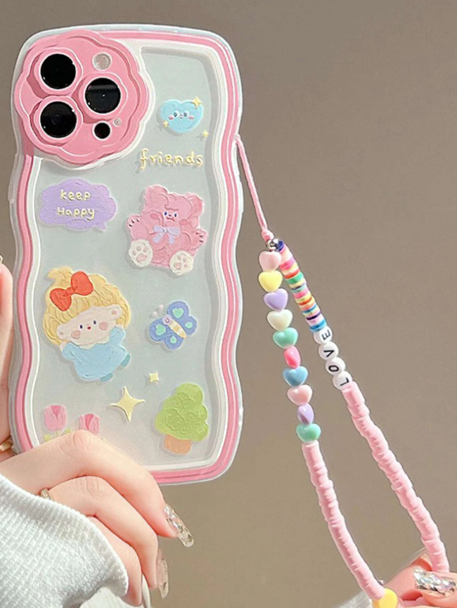 Cartoon Graphic Clear Phone Case With Beaded Lanyard