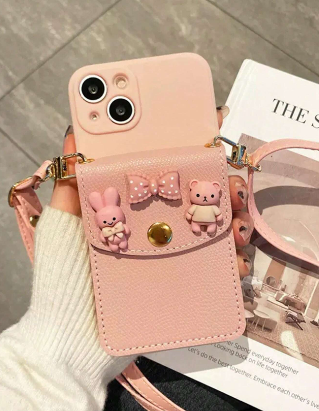 3D Cartoon Rabbit Decor Phone Case With Card Slot & Crossbody Lanyard