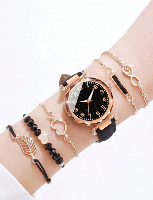 1pc Round Pointer Quartz Watch & 5pcs Bracelet