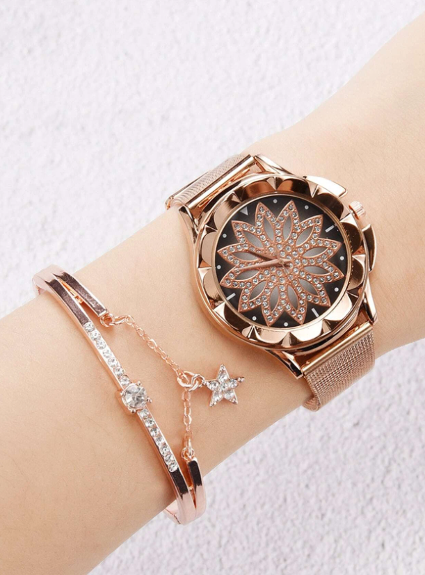 1pc Rhinestone Floral Dial Watch & 1pc Bracelet