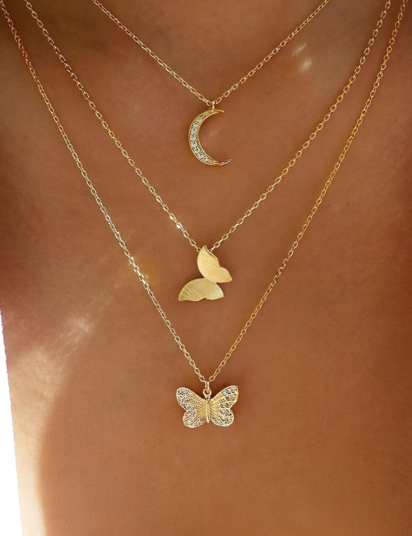 Butterfly & Moon Charm Layered Necklace