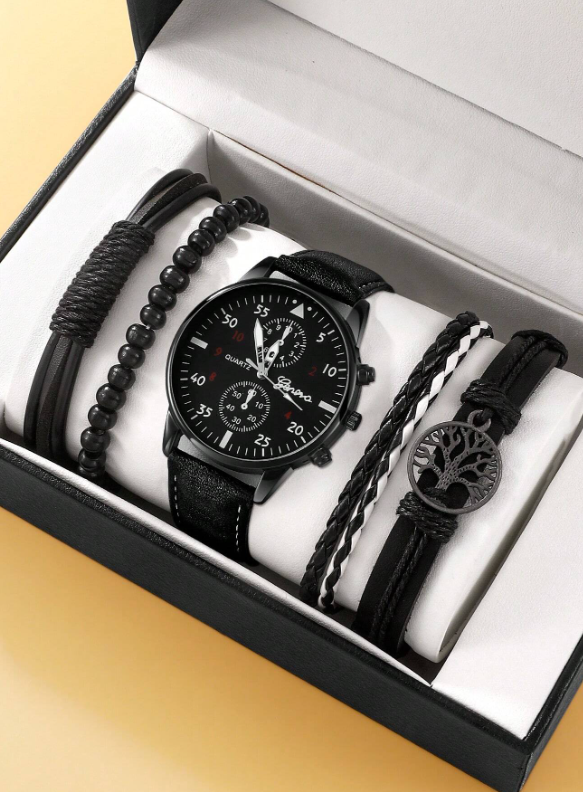 5pcs Men Black PU Polyurethane Strap Business Round Dial Quartz Watch & 4pcs Bracelet, For Daily Life