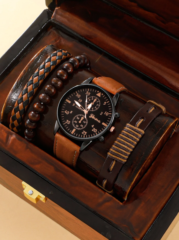 1pc Men Round Pointer Quartz Watch & 3pcs Bracelet