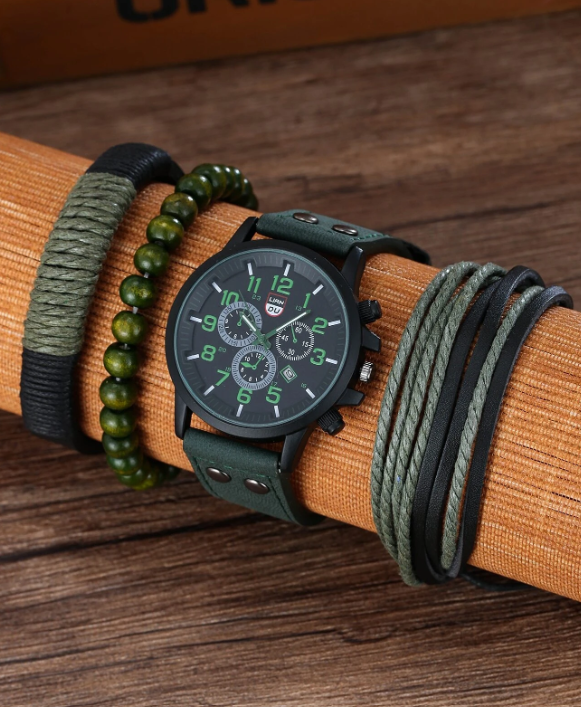 1pc Men Round Pointer Date Quartz Watch & 3pcs Bracelet