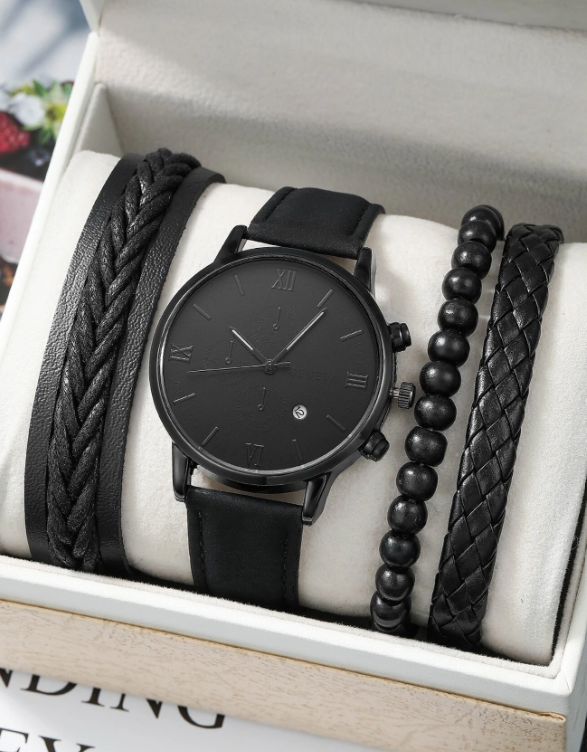 1pc Men Round Pointer Quartz Watch & 3pcs Bracelet
