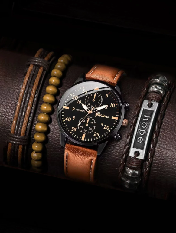 1pc Men Round Pointer Quartz Watch & 3pcs Beaded Bracelet