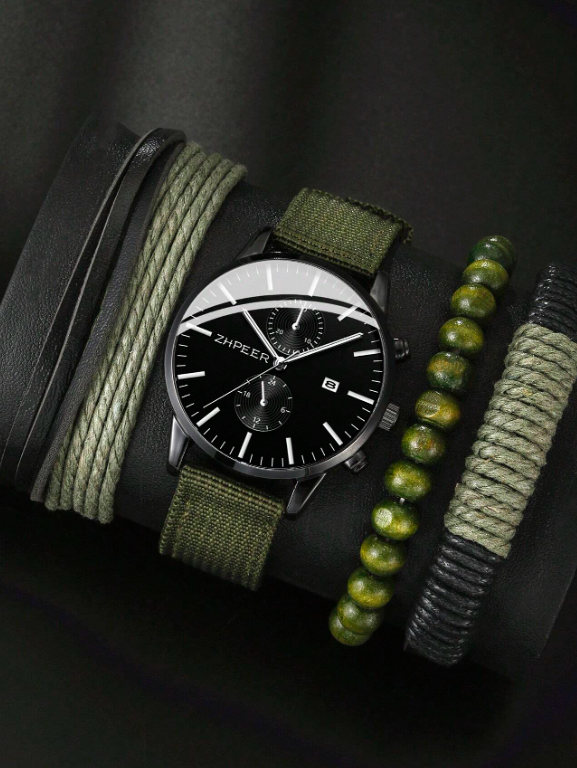 1pc Men Round Pointer Date Quartz Watch & 3pcs Beaded Bracelet