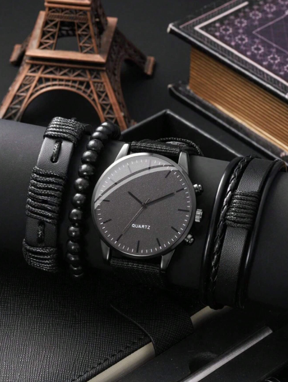 1pc Men Round Pointer Quartz Watch & 3pcs Beaded Bracelet